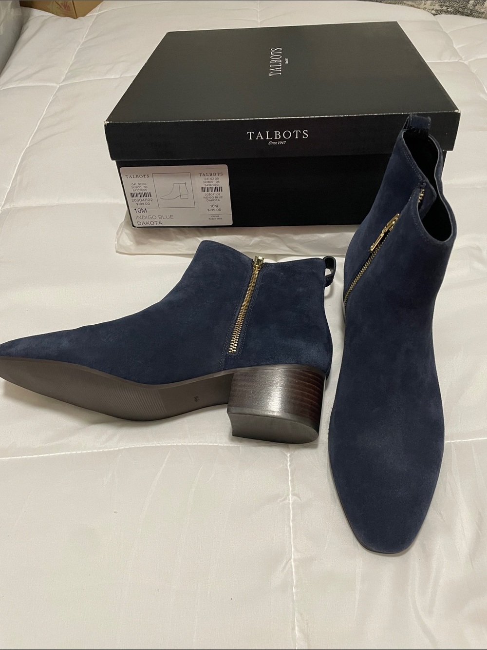Talbots Indigo Blue Dakota Suede Ankle Booties with Gold Zipper NWT Size 10M